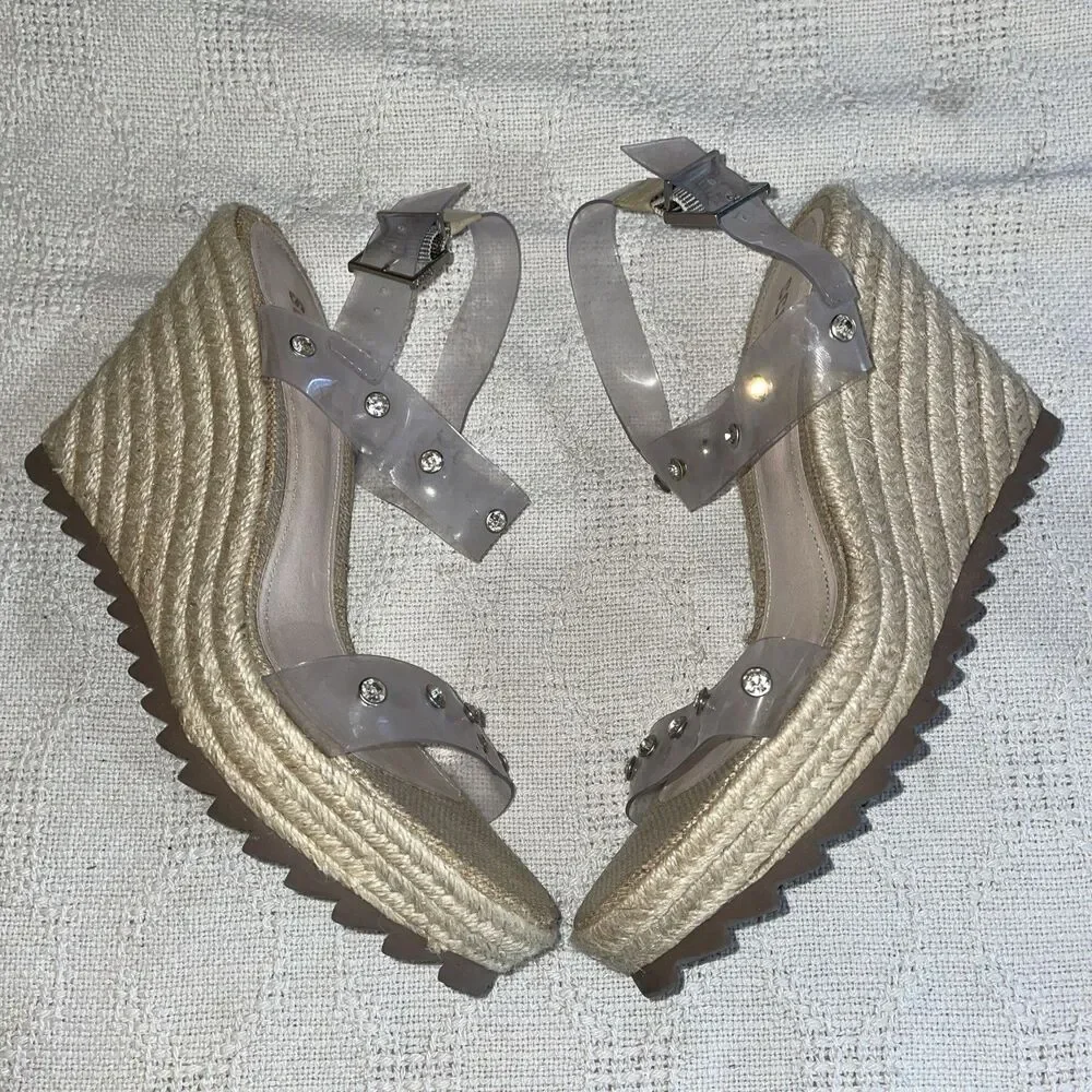 Schutz Women’s Wedge Espadrilles Size 9.5 B Clear Straps Jute Beach Cruise Fun